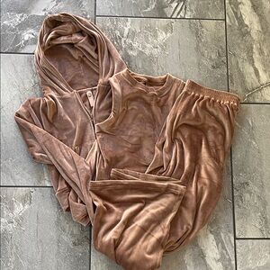 🤍 Skims 3 Piece Velour Set Tank Jacket Pants Wide Leg Medium Sienna Brown